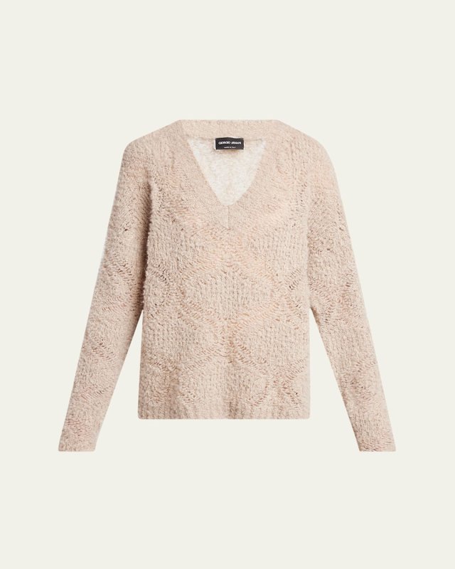 V-Neck Wool Cashmere Open-Knit Sweater